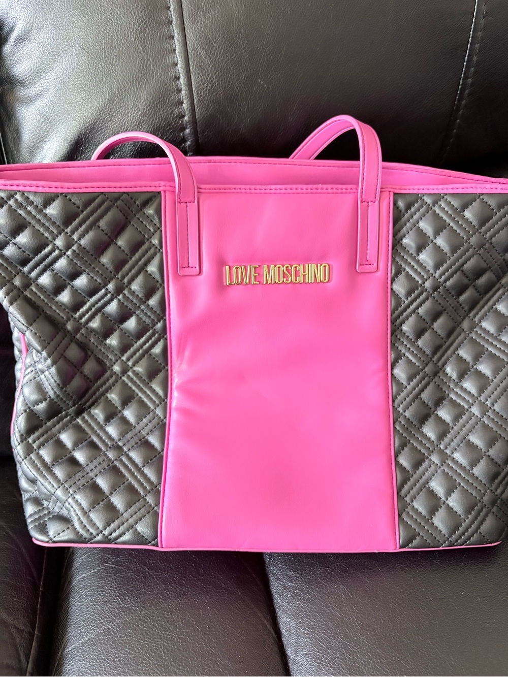 Love Moschino Hot Pink and Black Quilted Panel Tote with Gold Logo